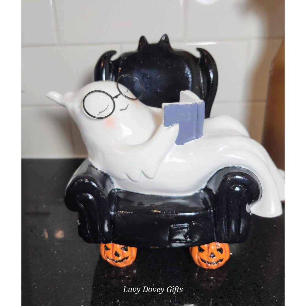 Ghost Sleeping While Reading A Book In A Bat Chair Halloween Figurine Decor NWT